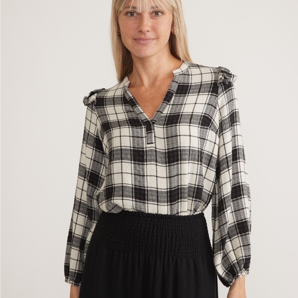 Marine Layer Jamie Ruffle Sleeve Top in Black/White Plaid Size Medium
